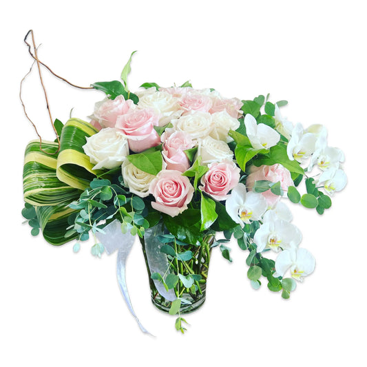 Luxe Rose and Orchid Flower Arrangement – 3 Dozen Roses Thimbleberry House