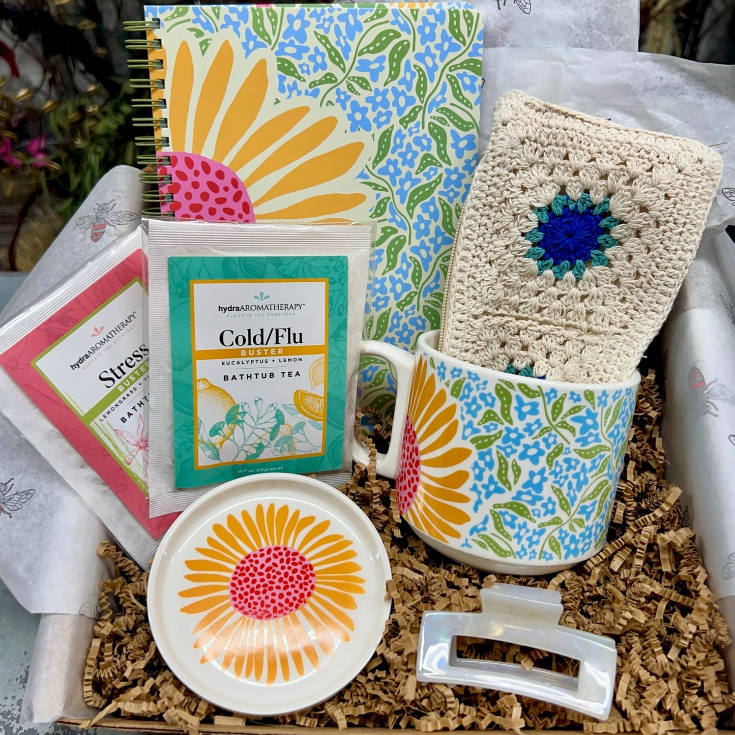 Back to School Care Package Gift Set with sunflower mug, matching notebook, bathtub tea, claw hair clip, and crochet zippered pouch – Thimbleberry House