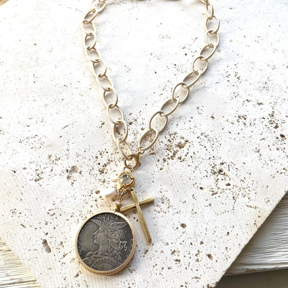 Gold French Coin & Cross Necklace VB&CO Designs Handmade Jewelry