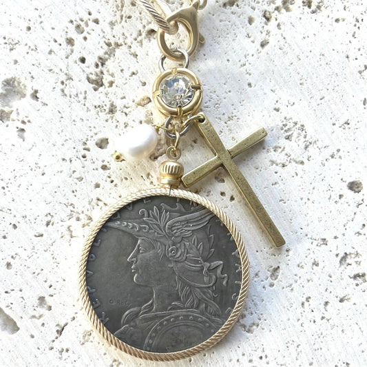 Gold French Coin & Cross Necklace VB&CO Designs Handmade Jewelry