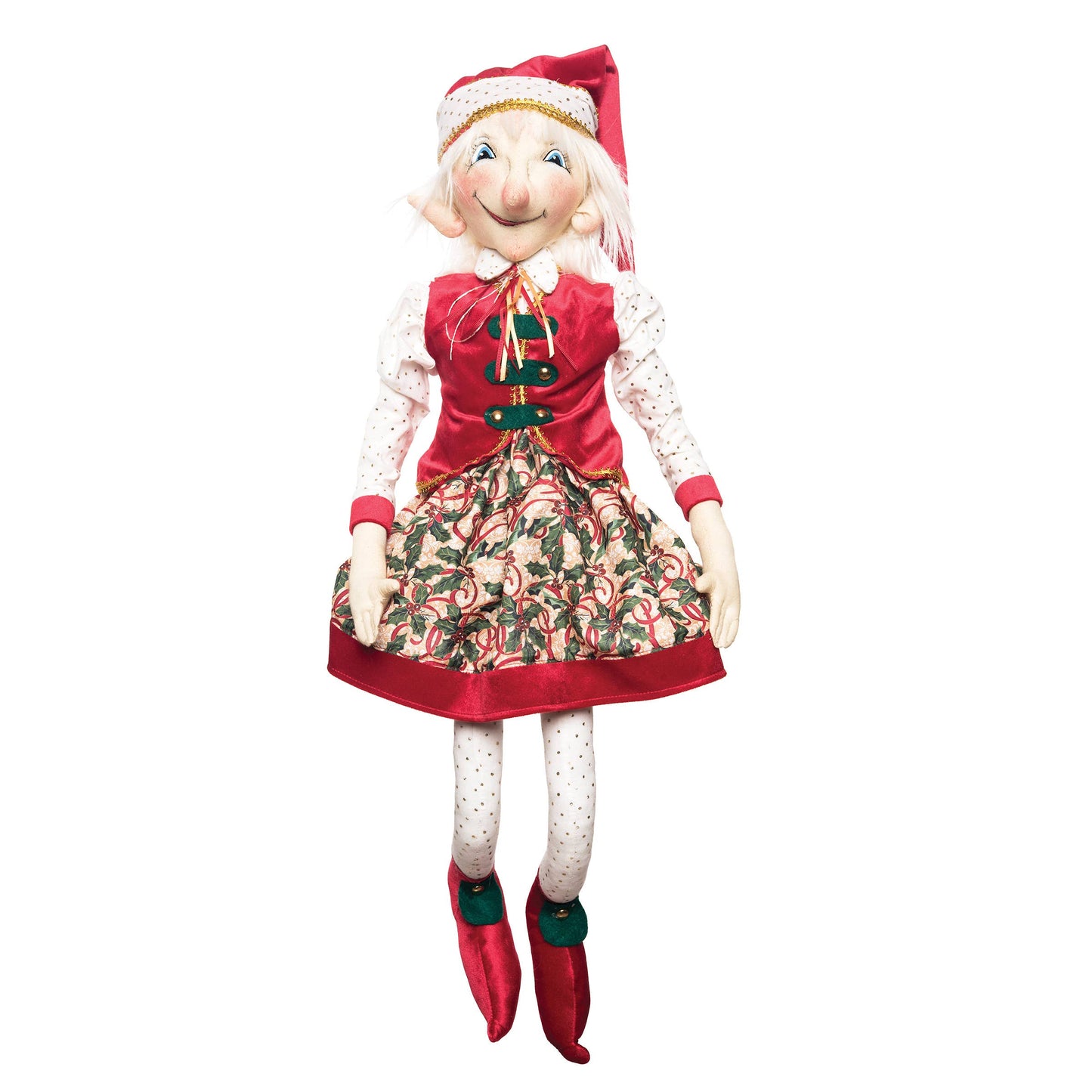 Christmas elf doll by Joe Spencer with red outfit and Santa hat on a white background