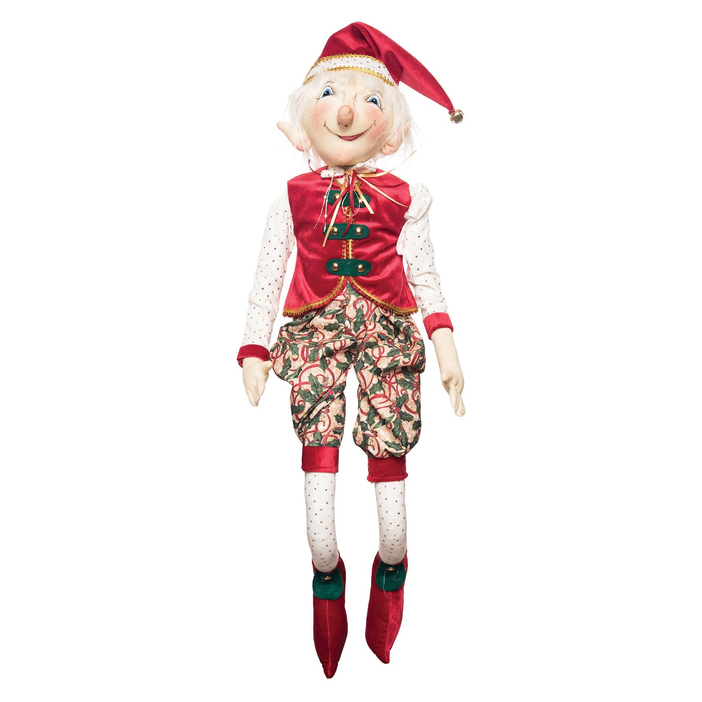 Christmas elf doll by Joe Spencer with red hat and outfit on a white background