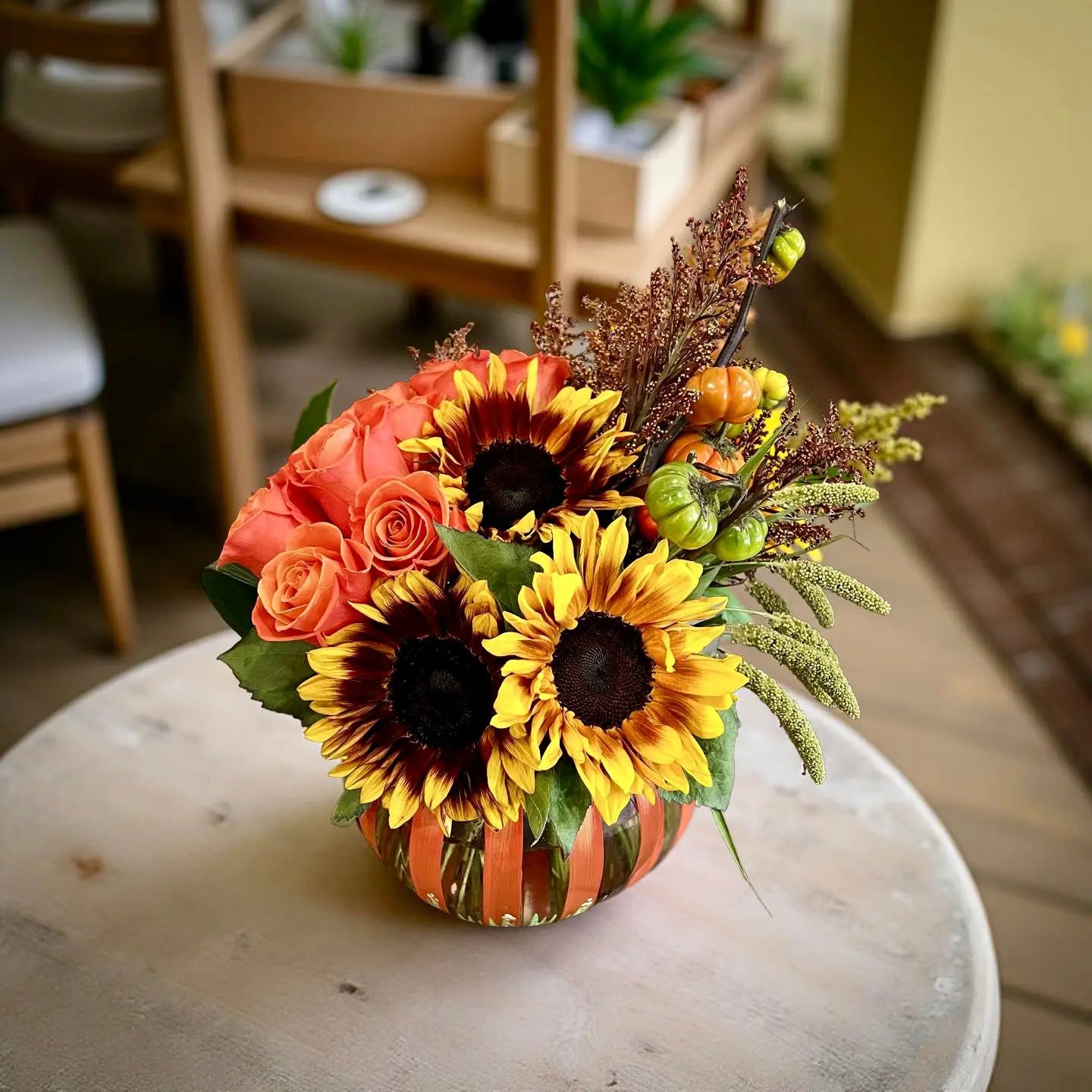 Fall Sunshine – Sunflower & Rose Fresh Flower Arrangement Thimbleberry House