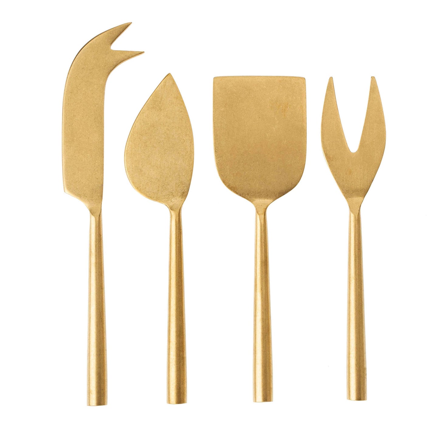 A set of four tumbled gold cheese knives of different sizes, including a pronged cheese knife, spatula knife, flat cheese knife, and cheese fork.
