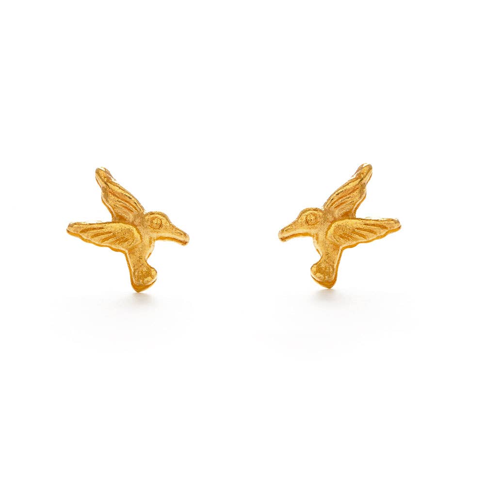 gold hummingbird stud earrings on white background