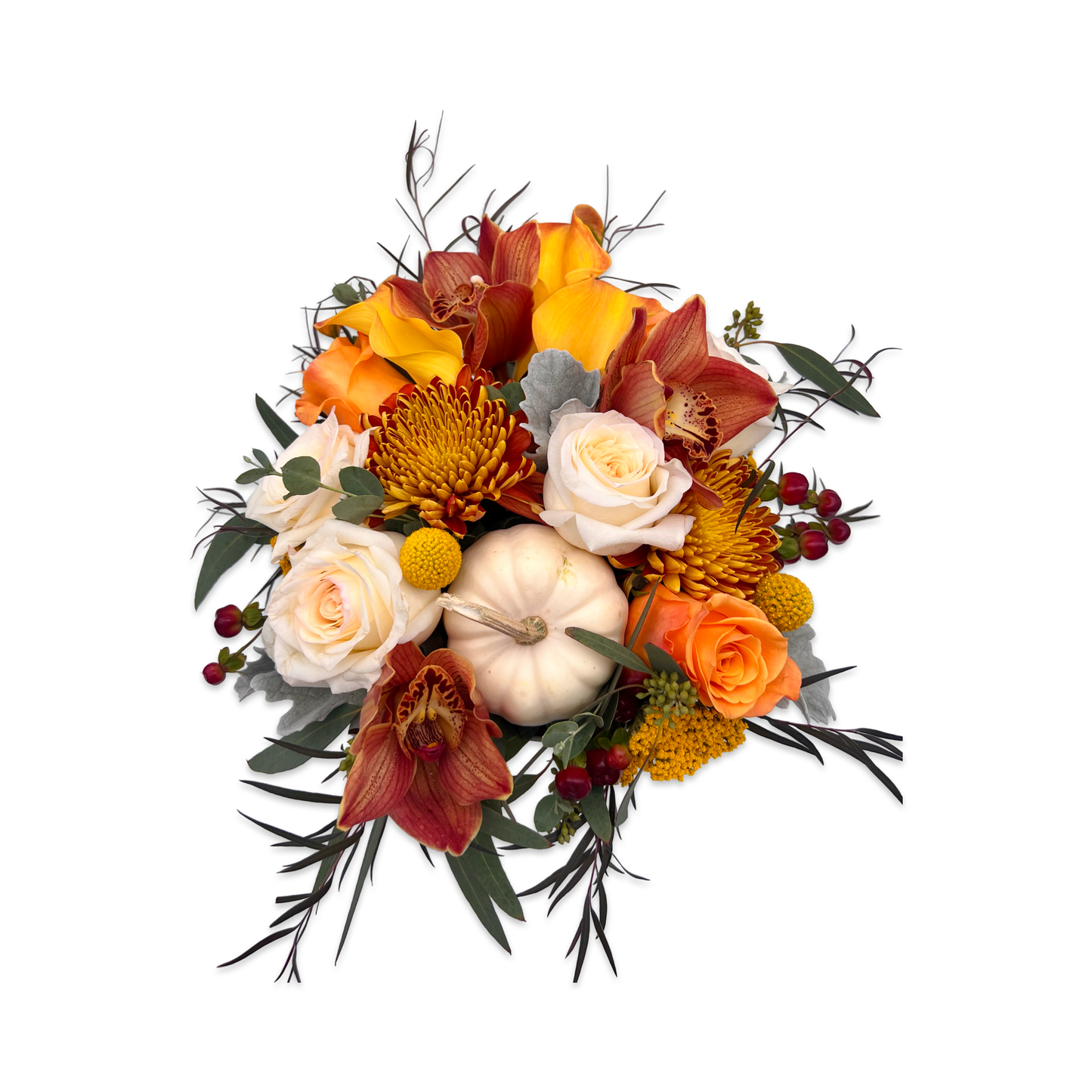 Elegant fall centerpiece with pumpkin accent and warm seasonal blooms – perfect for gatherings or gifts