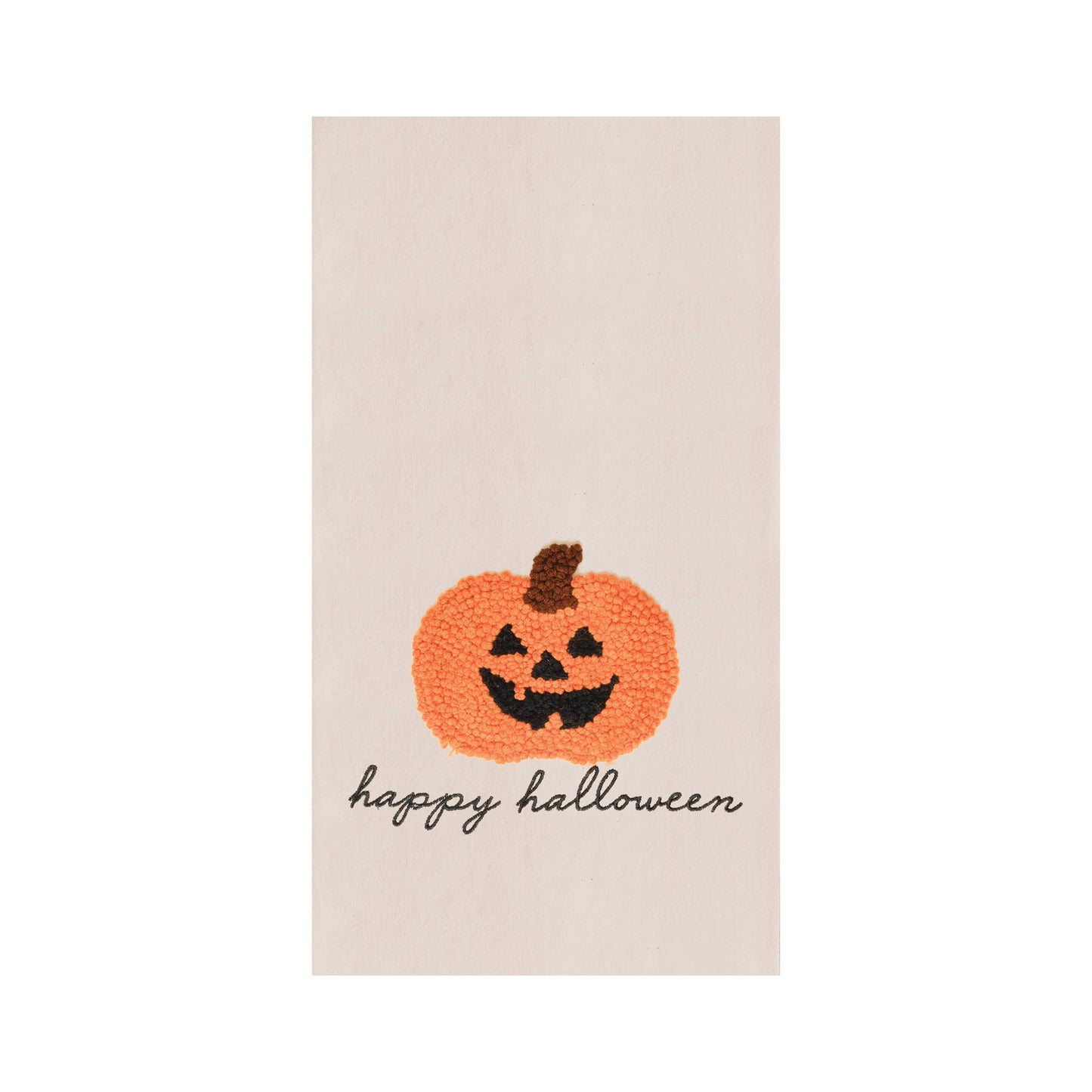 Beige towel with a jack-o'-lantern design and 'happy Halloween' text on a white background