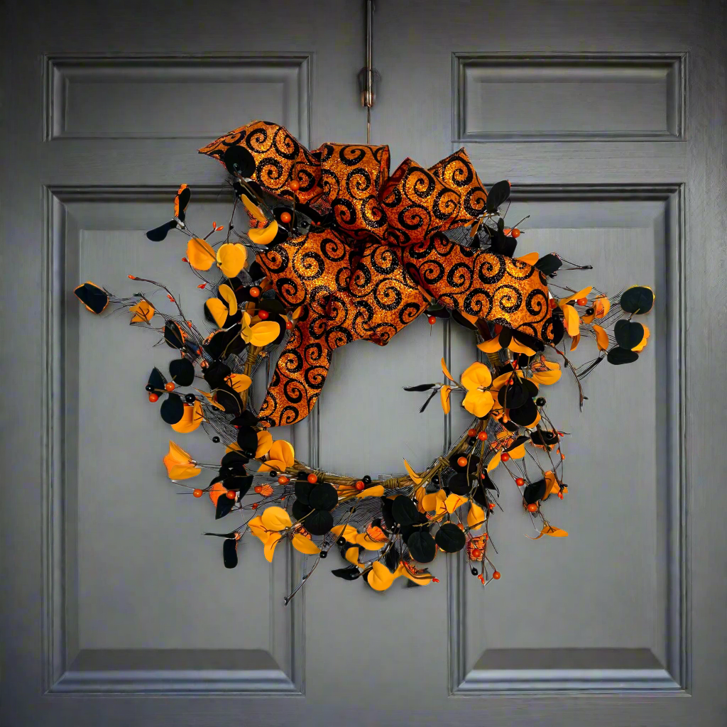 Halloween Decorative wreath with orange and black elements on a front door