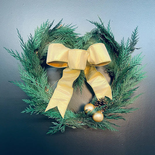 Holiday Heart Wreath | 12” Handmade Christmas Wreath with Cedar, Pinecone & Gold Bow Thimbleberry House