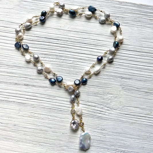Lariat fresh water denim mix pearl wrap necklace VB&CO Designs Handmade Jewelry
