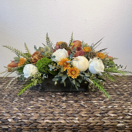 White Pumpkin Autumn Centerpiece – Fresh Flower Arrangement Thimbleberry House