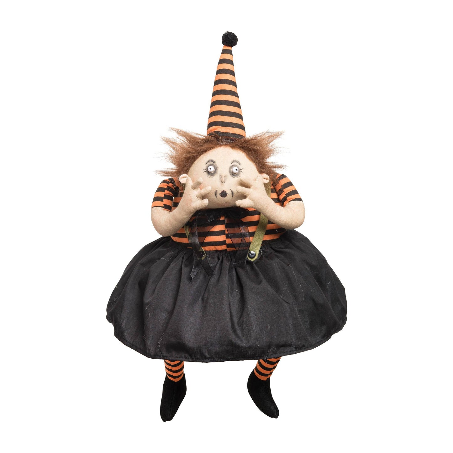 Halloween-themed doll by Joe Spencer with striped hat and black skirt on a white background