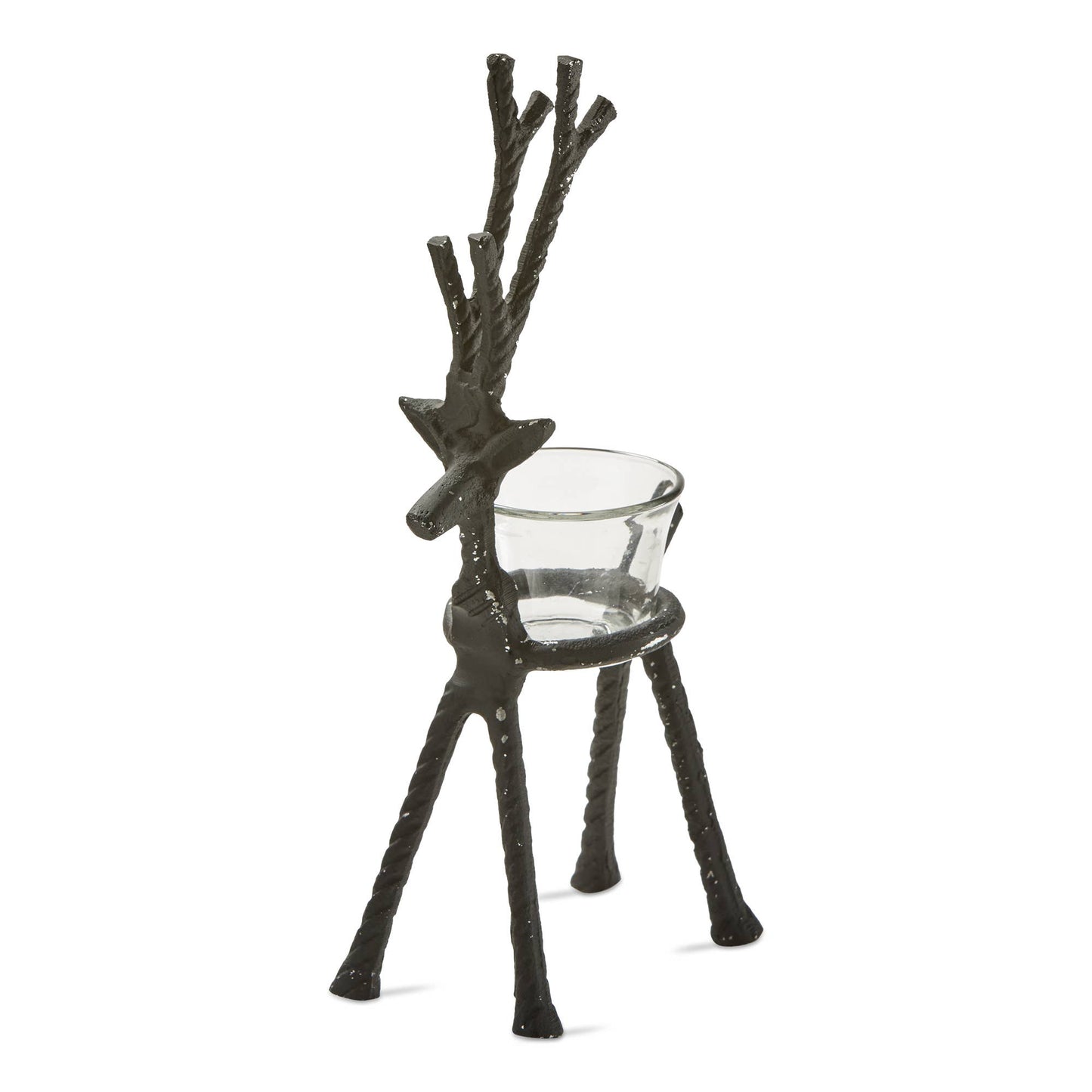 Decorative candle holder shaped like a deer with a glass base on a white background