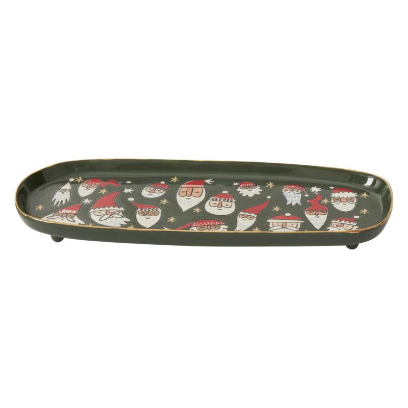 Silly Santas ceramic cookie platter with Santa faces