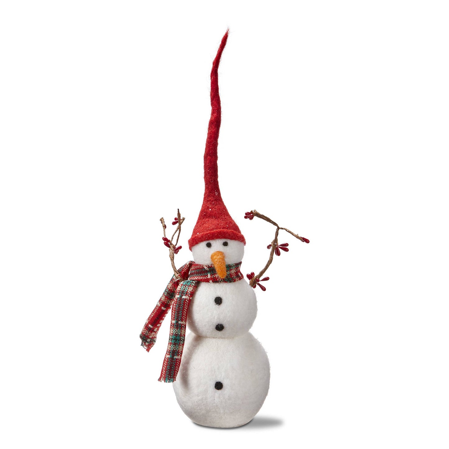 Decorative snowman with a red hat and plaid scarf on a white background