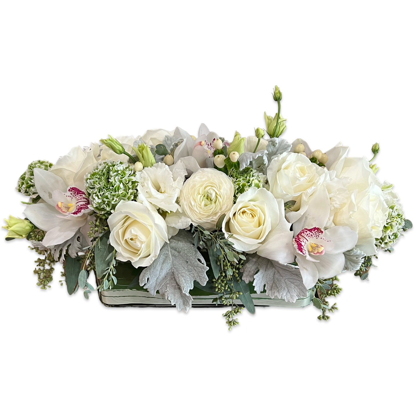 spring flowers in white and green long and low table centerpiece arrangement