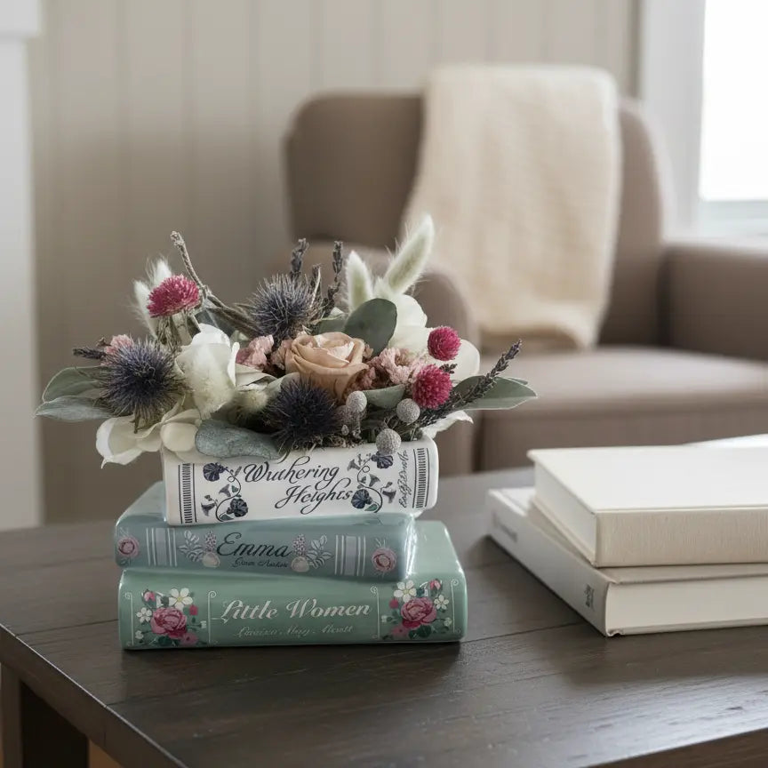 A decorative floral arrangement in a white ceramic pot sits on top of two vintage-style books on a dark wooden table, with a beige armchair and soft window light blurred in the background.
