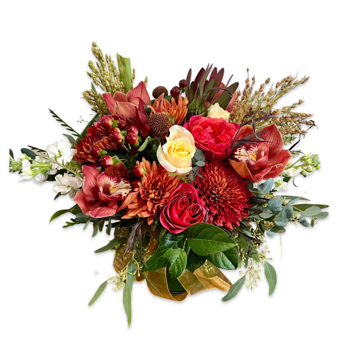Autumn-inspired flower bouquet featuring seasonal tones of gold, brown, rust, and red – Thimbleberry House