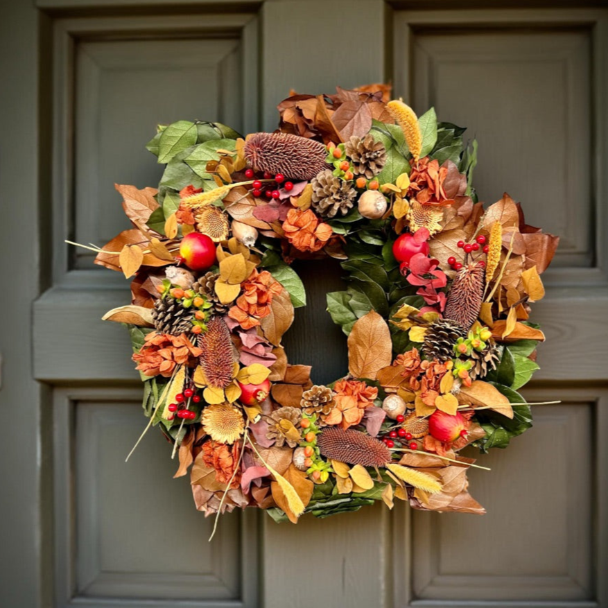 autumn wreath made of preserved and dried florals - thimbleberry house