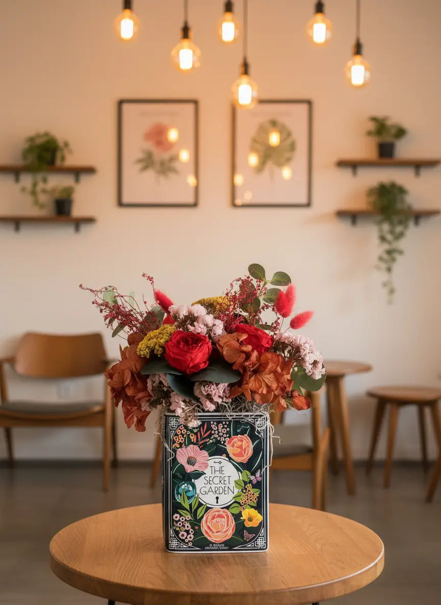 the secret garden book vase displayed in a coffee shop