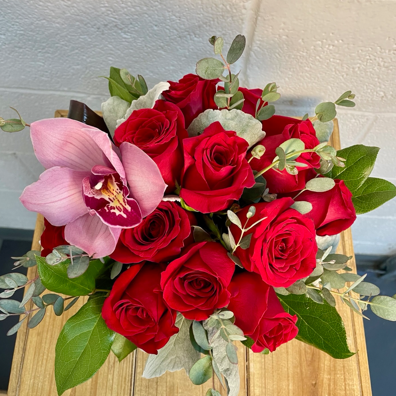 12 red roses closeup view