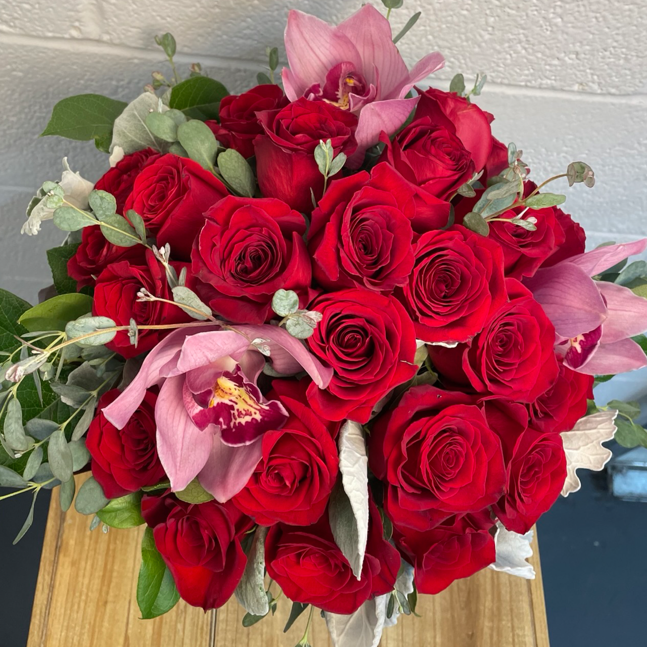 24 red roses closeup view