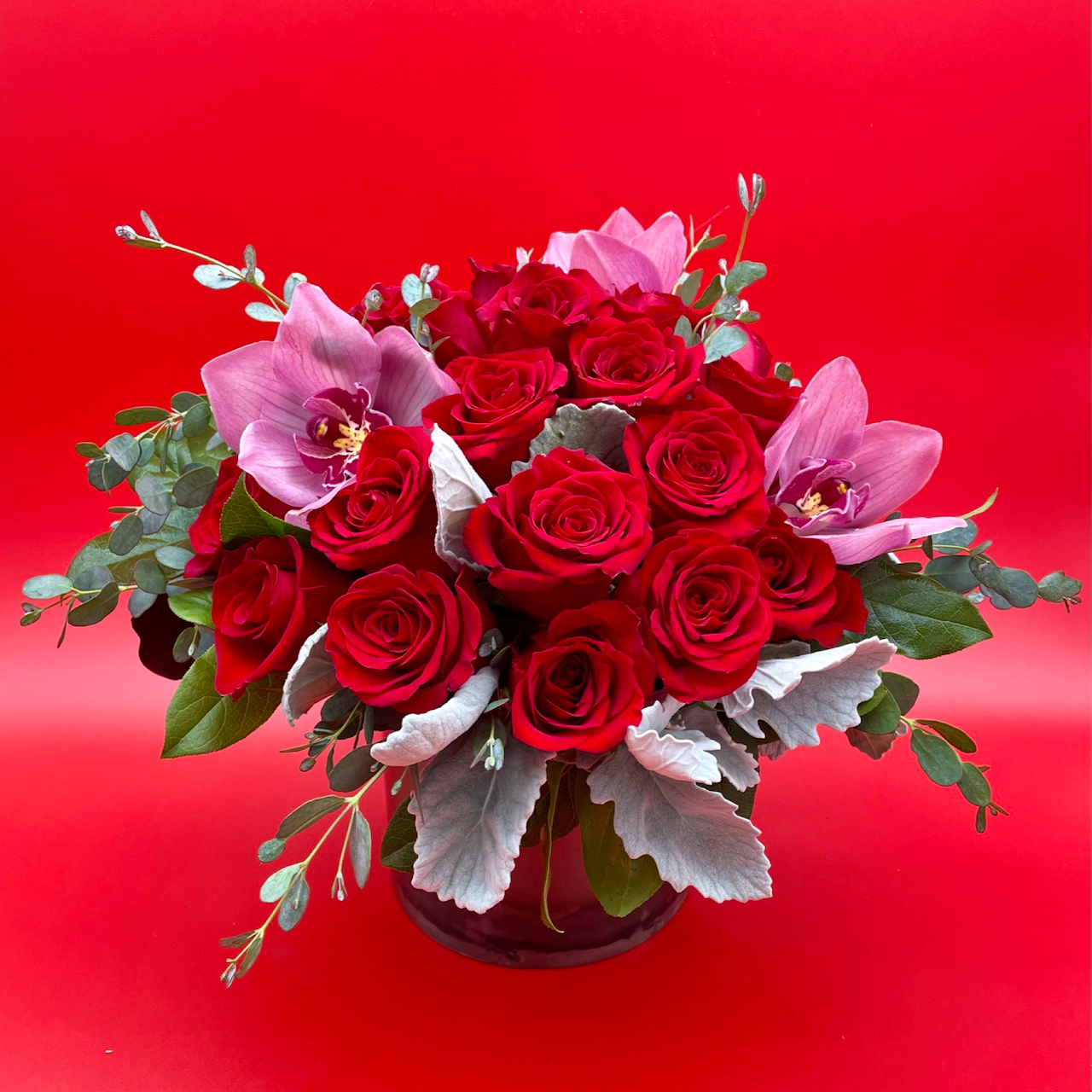 low and lush 24 red rose arrangement for valentine's day