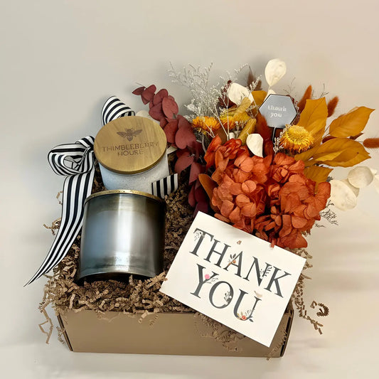 Golden Thanks Gift Box – Thank You Gift with Candle & Dried Flowers Thimbleberry House