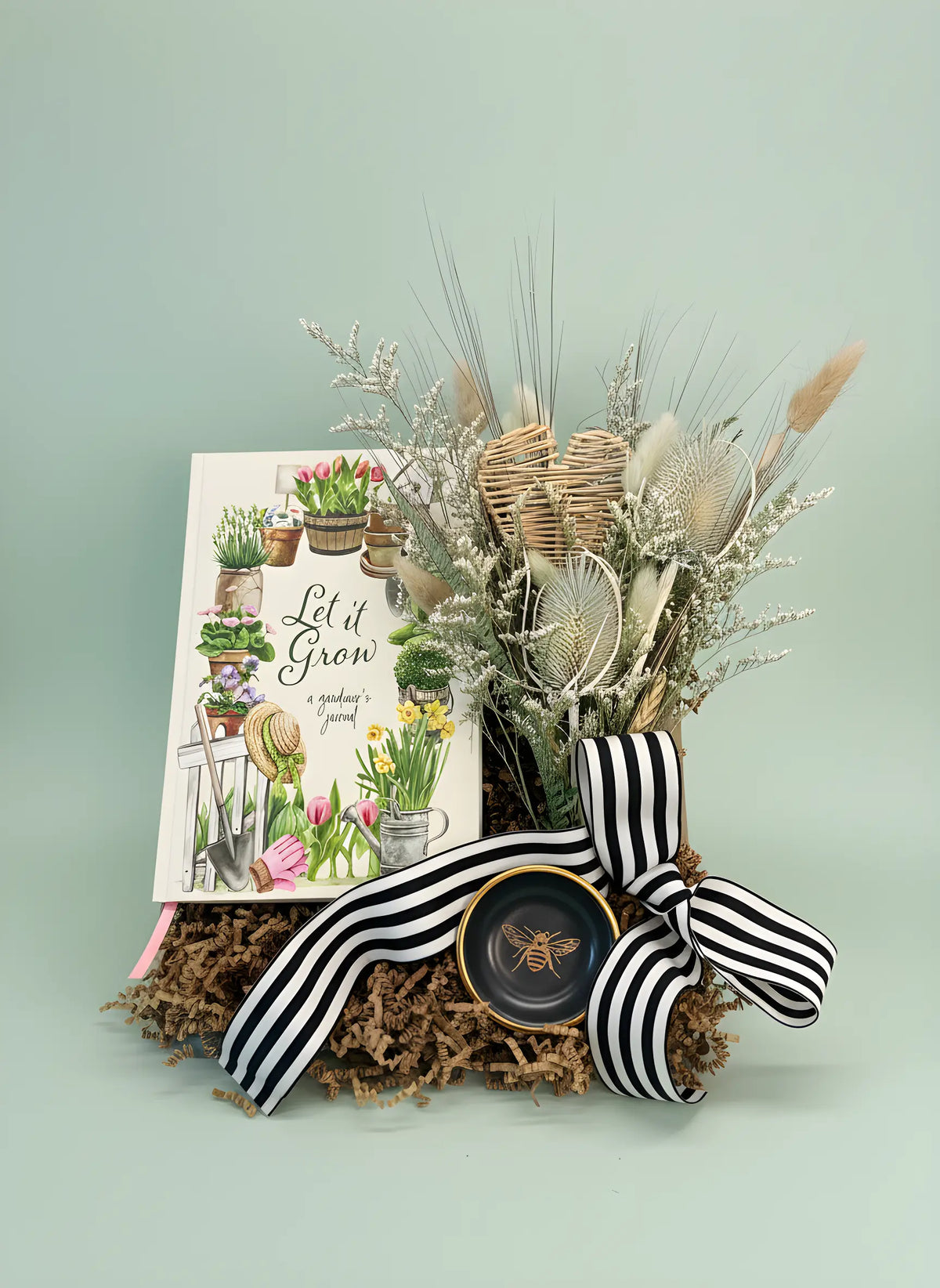 Garden Muse Gift Box – Gardener Journal, Bee Ring Dish & Neutral Dried Flower Bouquet Thimbleberry House