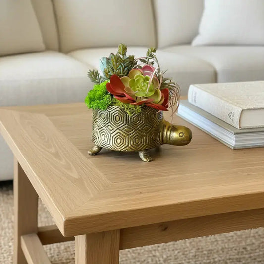 Decorative turtle planter with flowers on a wooden coffee table in a living room.