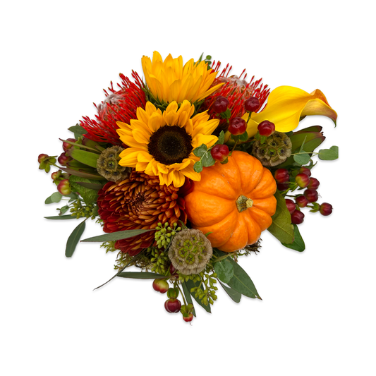 Autumn Cheer flower arrangement includes pumpkins and sunflowers. Thimbleberry House