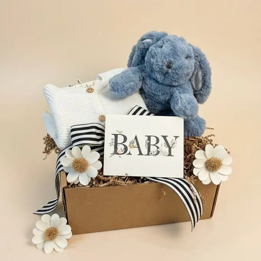 baby boy gift box with plush bunny and sweater