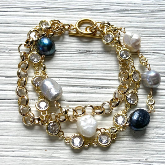 Denim pearl and crystal chain bracelet luxe layer VB&CO Designs Handmade Jewelry
