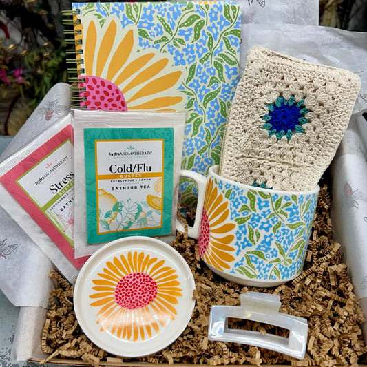 Back to School Care Package Gift Set with sunflower mug, matching notebook, bathtub tea, claw hair clip, and crochet zippered pouch – Thimbleberry House