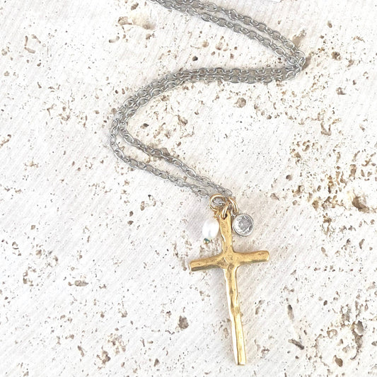 gold cross pendant with pearl and crystal charms on long chain