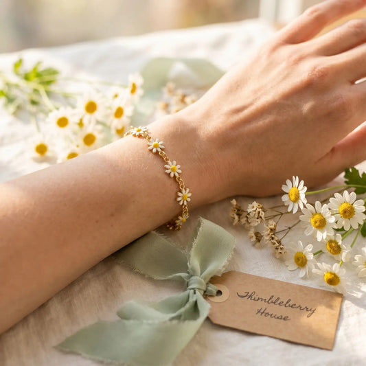 Hand wearing a floral bracelet with daisies, surrounded by flowers and a tag on a soft surface.
