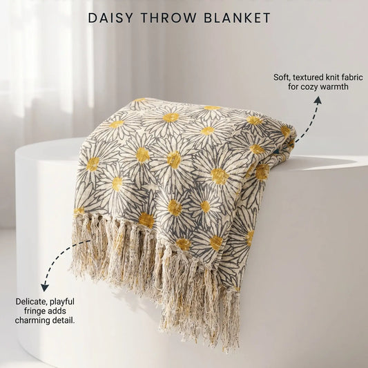 Thimbleberry House Daisy Throw Blanket on a white surface with product details.