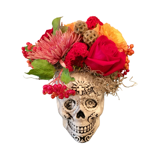 Decorative skull with colorful flowers on a white background