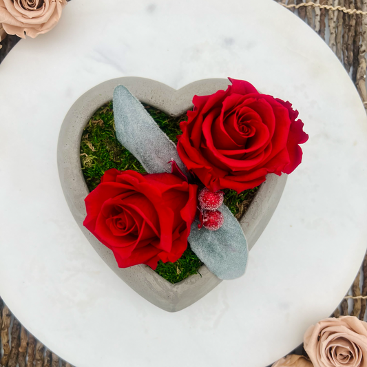 2 everlasting red roses in a cement heart