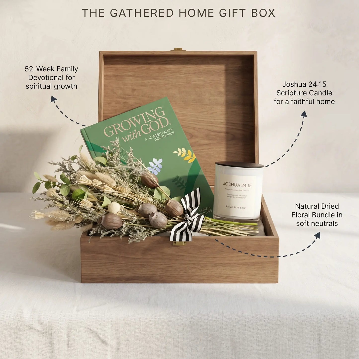 Thimbleberry House The Gathered Home Gift Box with book, candle, and floral bundle on a neutral background