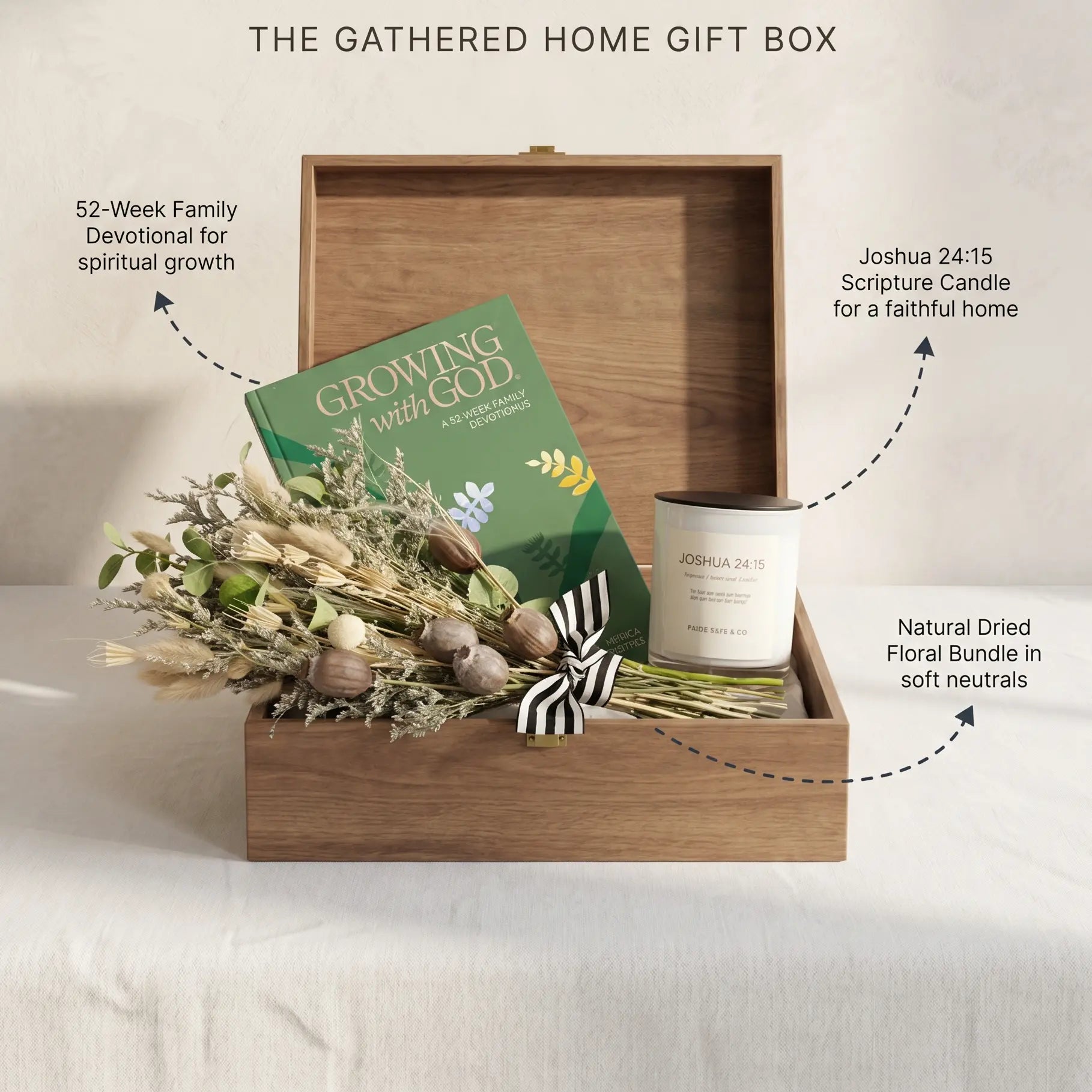Thimbleberry House The Gathered Home Gift Box with book, candle, and floral bundle on a neutral background