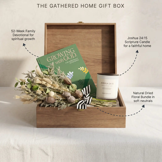 Thimbleberry House The Gathered Home Gift Box with book, candle, and floral bundle on a neutral background