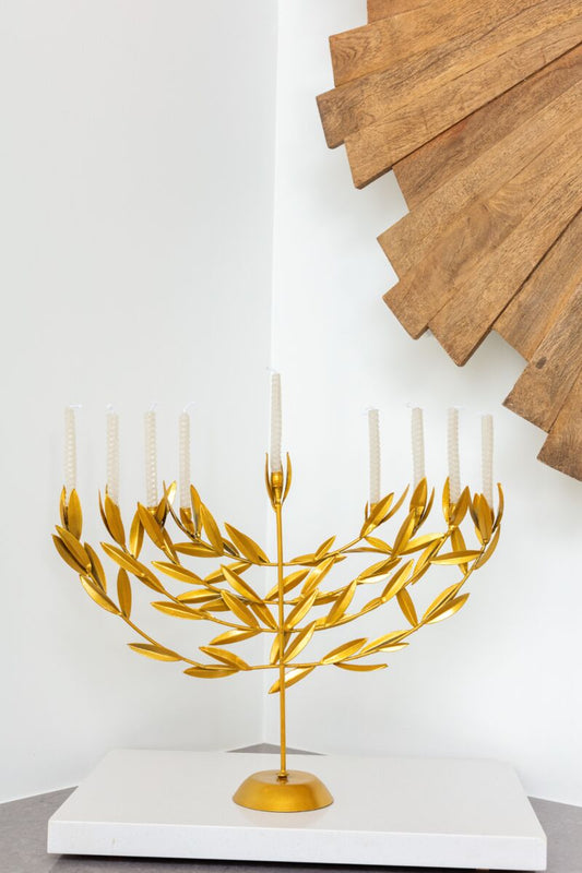 Gold Uriah Menorah with 45 beeswax taper candles