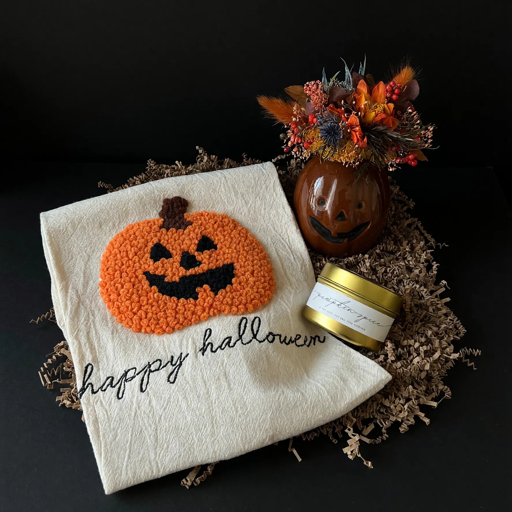 Halloween gift box with pumpkin spice candle and dried flowers
