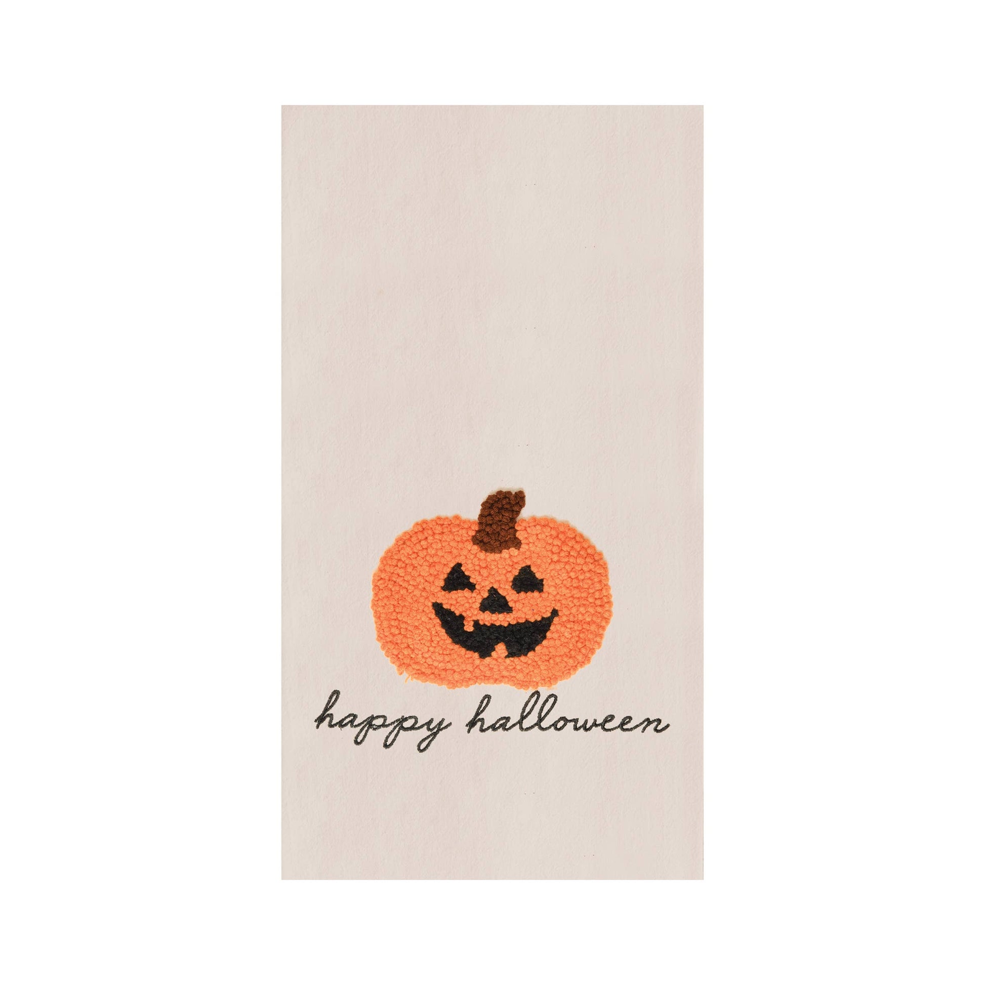 Beige towel with a jack-o'-lantern design and 'happy Halloween' text on a white background