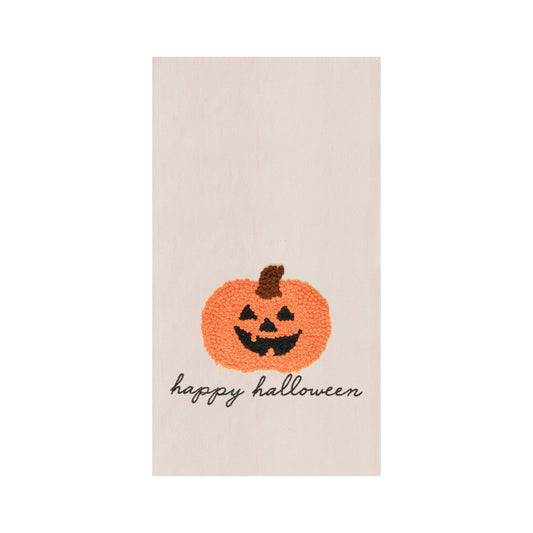 Beige towel with a jack-o'-lantern design and 'happy Halloween' text on a white background