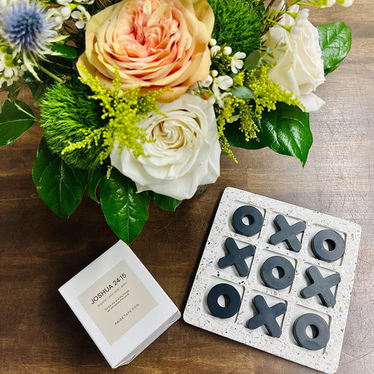 flower arrangement, tic-tac-toe board, and candle gift set for delivery in las vegas