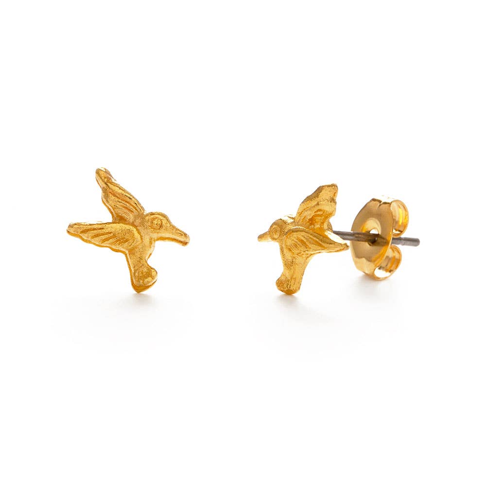 gold hummingbird earrings on white background