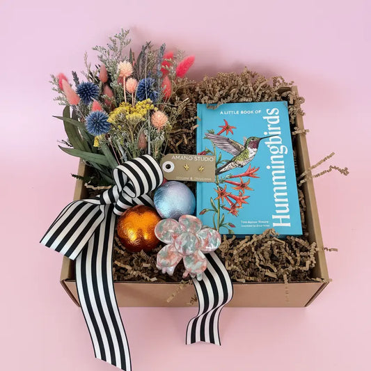 gift box about hummingbirds including a book, earrings and more