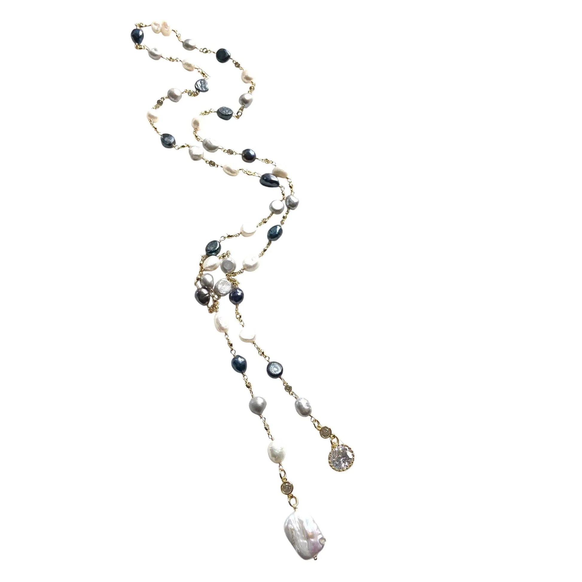 Lariat  fresh water denim mix pearl wrap necklace  VB&CO Designs Handmade Jewelry